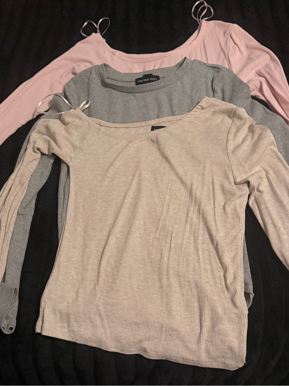 Streetwear Society Women's Off-the-Shoulder Ribbed Sweaters - Pink, Gray, Cream